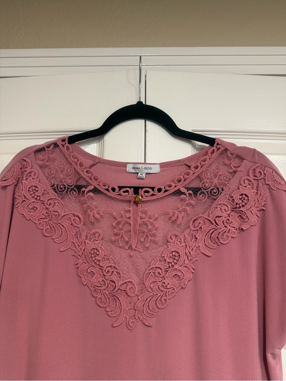 EMMA & OLIVE Women's Dusty Rose Lace Neckline Short Sleeve Top Size XL NWOT